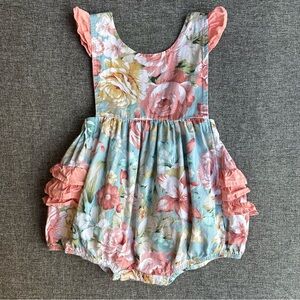 Lil Cactus Pink and Blue Floral Print Ruffle Bubble Romper Flowers Cotton 2T